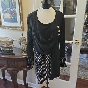 Abyoxi Black Tunic White Polka Dot Trim Drape Front Scoop Neck Long Slv LG EUC